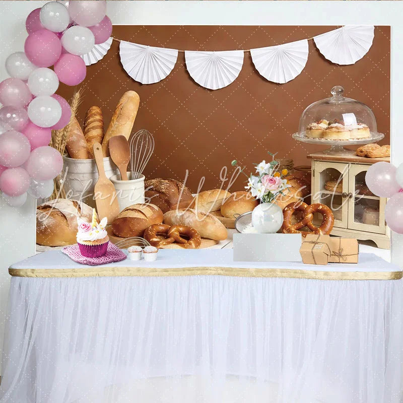 Lofaris Rustic Bakery Photography Backdrop with Fresh Bread Wheat and Utensils Brown Background for Studio Food Photoshoot