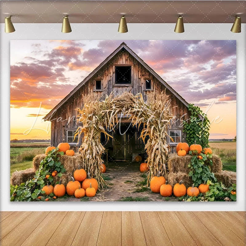 Lofaris Rustic Barn Autumn Harvest Backdrop with Pumpkins and Corn Stalks Beautiful Farmhouse Photography Background for Fall Party Decor