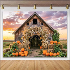 Lofaris Rustic Barn Autumn Harvest Backdrop with Pumpkins and Corn Stalks Beautiful Farmhouse Photography Background for Fall Party Decor