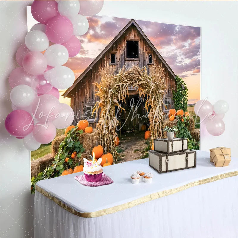 Lofaris Rustic Barn Autumn Harvest Backdrop with Pumpkins and Corn Stalks Beautiful Farmhouse Photography Background for Fall Party Decor