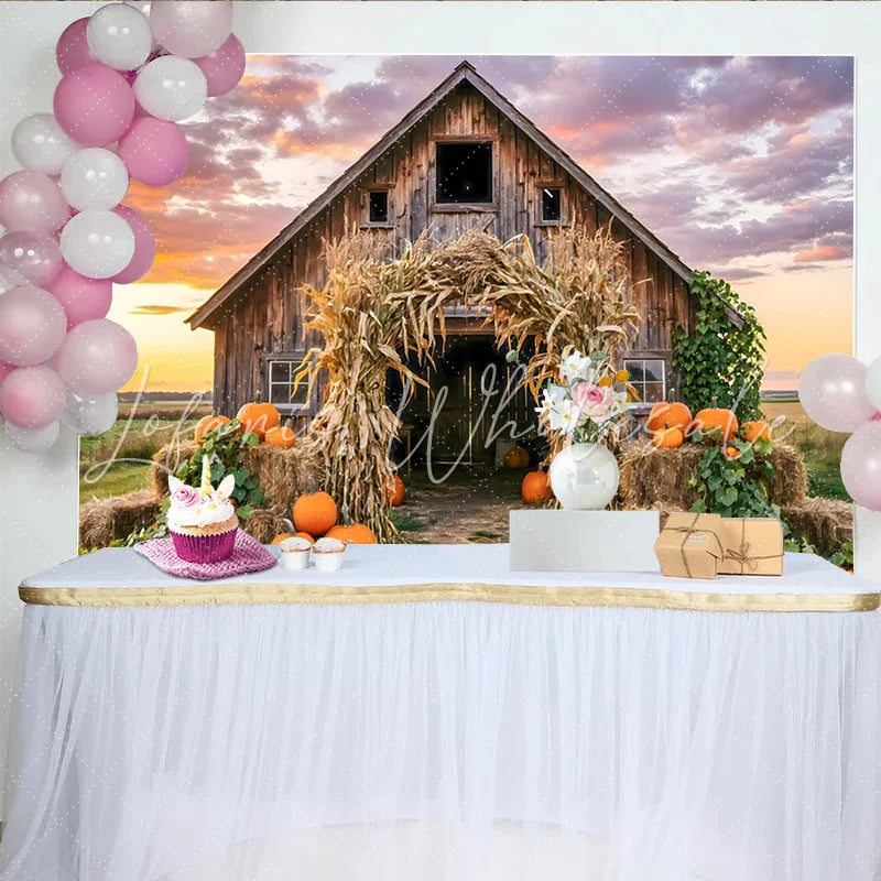 Lofaris Rustic Barn Autumn Harvest Backdrop with Pumpkins and Corn Stalks Beautiful Farmhouse Photography Background for Fall Party Decor