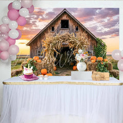 Lofaris Rustic Barn Autumn Harvest Backdrop with Pumpkins and Corn Stalks Beautiful Farmhouse Photography Background for Fall Party Decor