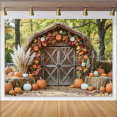 Lofaris Rustic Barn Autumn Harvest Backdrop with Pumpkins and Fall Leaves Cozy Farmhouse Photography Background for Seasonal Photoshoot