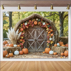 Lofaris Rustic Barn Autumn Harvest Backdrop with Pumpkins and Fall Leaves Cozy Farmhouse Photography Background for Seasonal Photoshoot