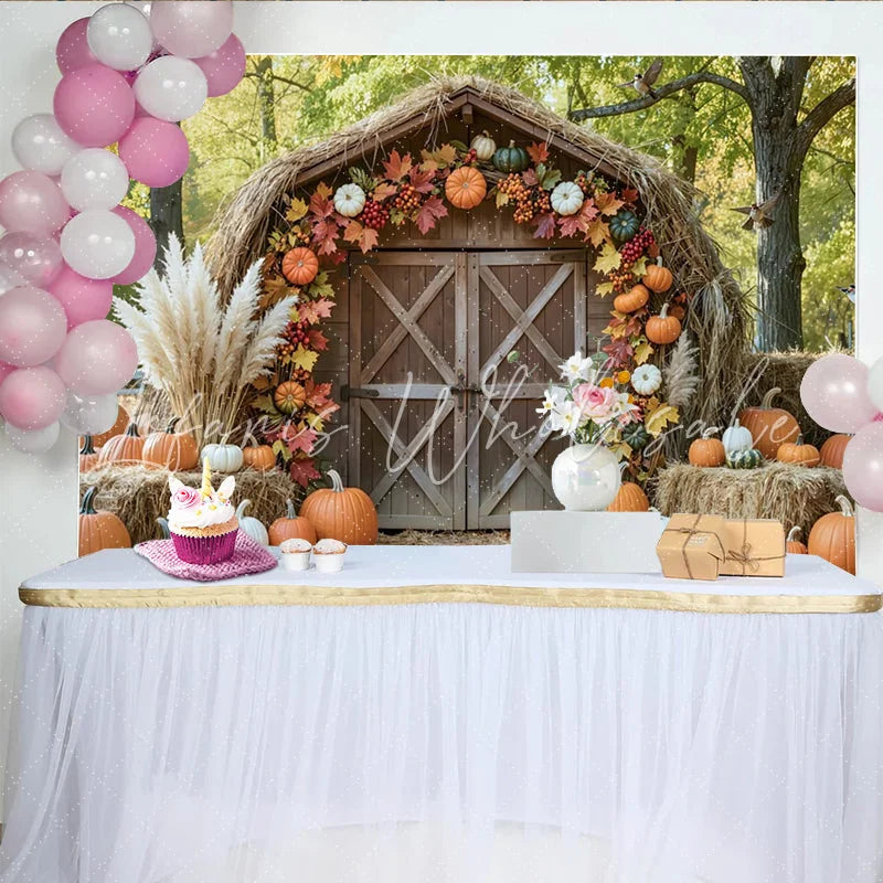 Lofaris Rustic Barn Autumn Harvest Backdrop with Pumpkins and Fall Leaves Cozy Farmhouse Photography Background for Seasonal Photoshoot