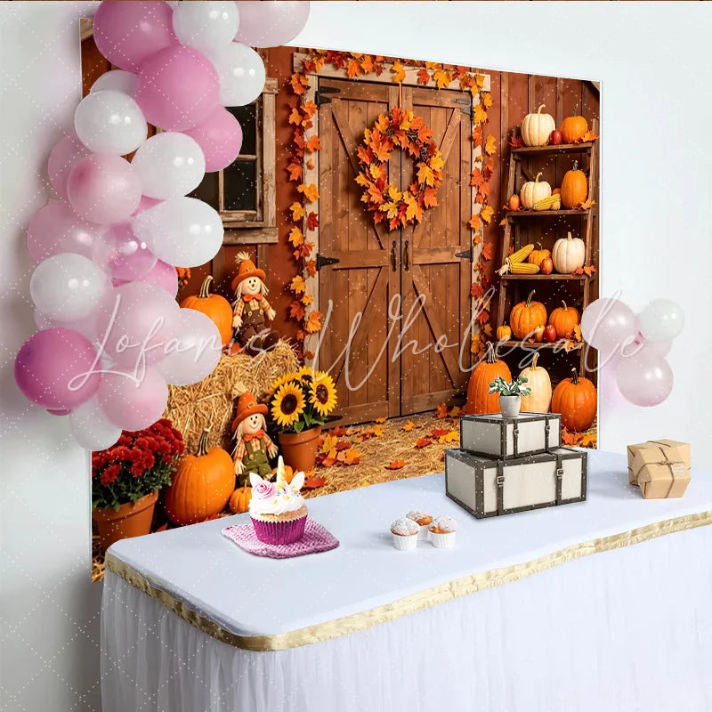 Lofaris Rustic Barn Autumn Photography Backdrop with Pumpkins and Fall Leaves Harvest Festival Background for Studio Photoshoot