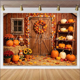 Lofaris Rustic Barn Autumn Photography Backdrop with Pumpkins and Fall Leaves Harvest Festival Background for Studio Photoshoot