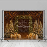 Lofaris Rustic Barn Christmas Photography Backdrop String Light Wall with Gold Presents Farmhouse Holiday Background