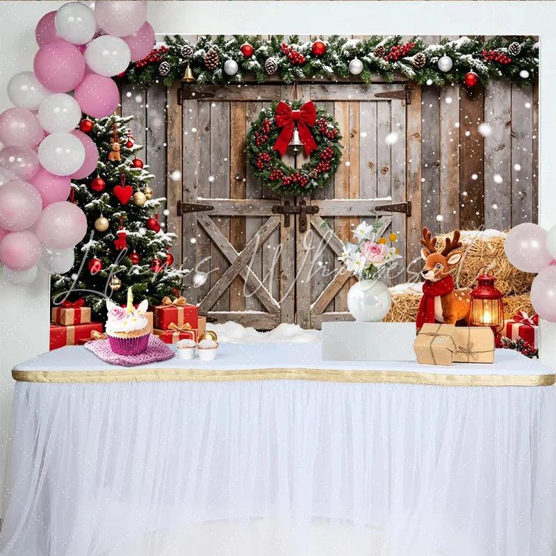 Lofaris Rustic Barn Christmas Photography Backdrop with Snow and Decor Cozy Winter Holiday Background for Family Photoshoot and Party
