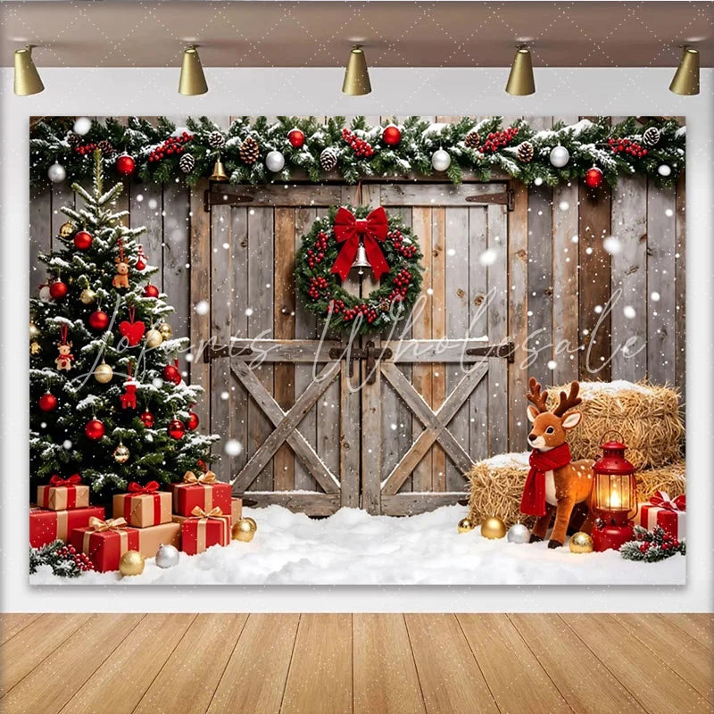 Lofaris Rustic Barn Christmas Photography Backdrop with Snow and Decor Cozy Winter Holiday Background for Family Photoshoot and Party