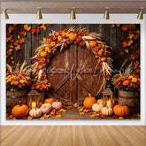 Lofaris Rustic Barn Door Autumn Harvest Holiday Backdrop with Pumpkins and Fall Leaves Warm Fall Festival Thanksgiving Decor