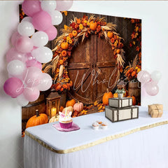 Lofaris Rustic Barn Door Autumn Harvest Holiday Backdrop with Pumpkins and Fall Leaves Warm Fall Festival Thanksgiving Decor