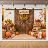 Lofaris Rustic Barn Door Autumn Harvest Photography Backdrop with Pumpkins and Sunflowers Farmhouse Welcome Sign Photo Background for Fall