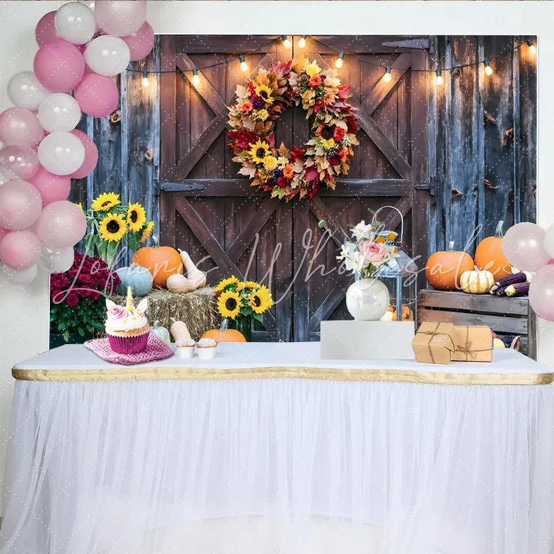 Lofaris Rustic Barn Door Autumn Photography Backdrop with Fall Wreath and Pumpkins String Lights Studio Background for Seasonal Portraits