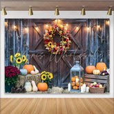 Lofaris Rustic Barn Door Autumn Photography Backdrop with Fall Wreath and Pumpkins String Lights Studio Background for Seasonal Portraits