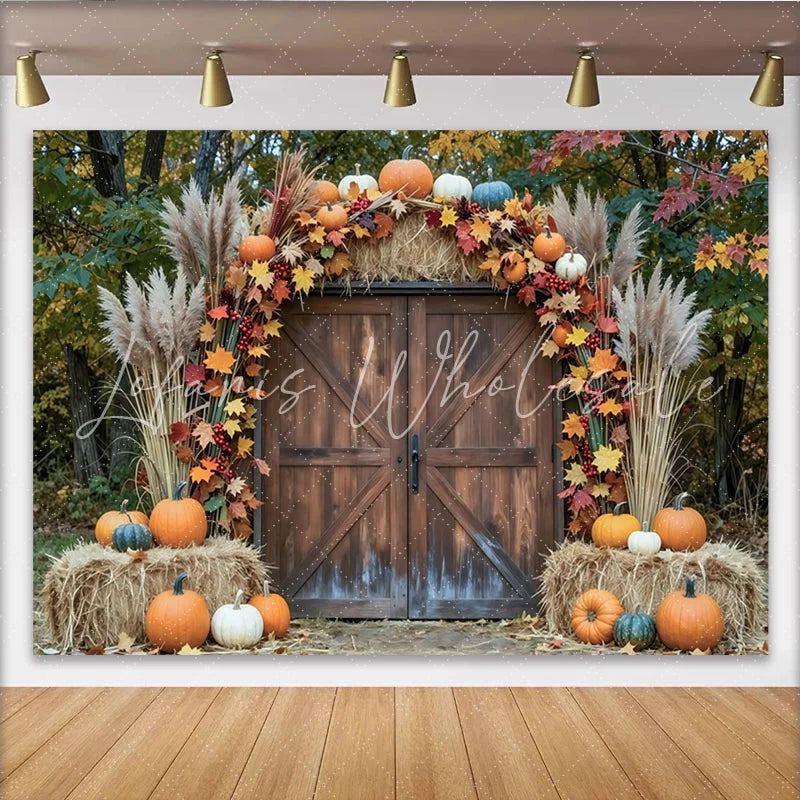 Lofaris Rustic Barn Door Autumn Photography Backdrop with Pumpkins and Hay Bales Fall Harvest Studio Background for Portrait