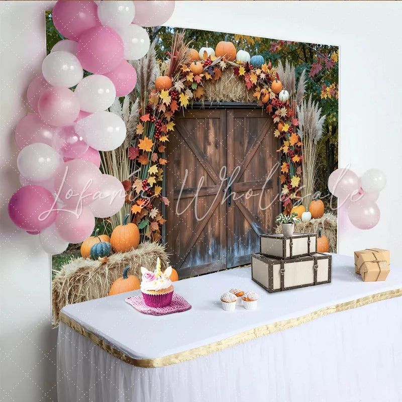 Lofaris Rustic Barn Door Autumn Photography Backdrop with Pumpkins and Hay Bales Fall Harvest Studio Background for Portrait