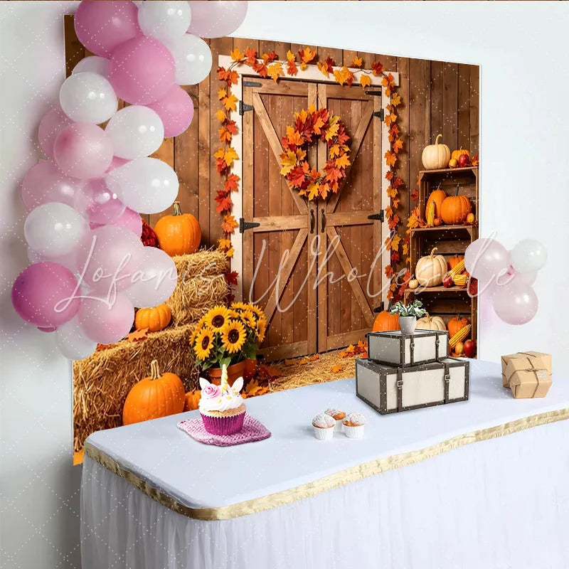 Lofaris Rustic Barn Door Autumn Photography Backdrop with Pumpkins and Hay Vibrant Fall Harvest Background for Studio Photoshoot