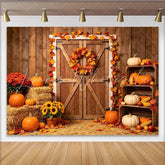 Lofaris Rustic Barn Door Autumn Photography Backdrop with Pumpkins and Hay Vibrant Fall Harvest Background for Studio Photoshoot
