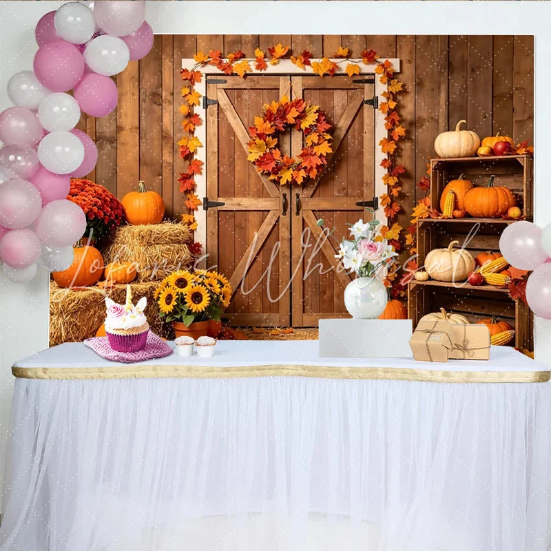 Lofaris Rustic Barn Door Autumn Photography Backdrop with Pumpkins and Hay Vibrant Fall Harvest Background for Studio Photoshoot