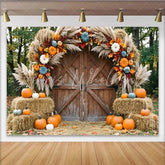 Lofaris Rustic Barn Door Autumn Photography Backdrop with Pumpkins Pampas Grass and Hay Bales Fall Seasonal Photo Background