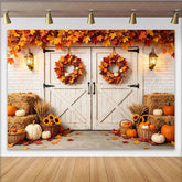 Lofaris Rustic Barn Door Autumn Photography Backdrop with White Pumpkins and Hay Bales Fall Harvest Background for Seasonal Portraits