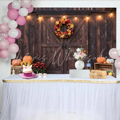 Lofaris Rustic Barn Door Autumn Thanksgiving Backdrop with Pumpkins Cozy Farmhouse Photography Background for Seasonal Decor