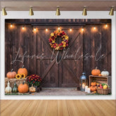 Lofaris Rustic Barn Door Autumn Thanksgiving Backdrop with Pumpkins Cozy Farmhouse Photography Background for Seasonal Decor