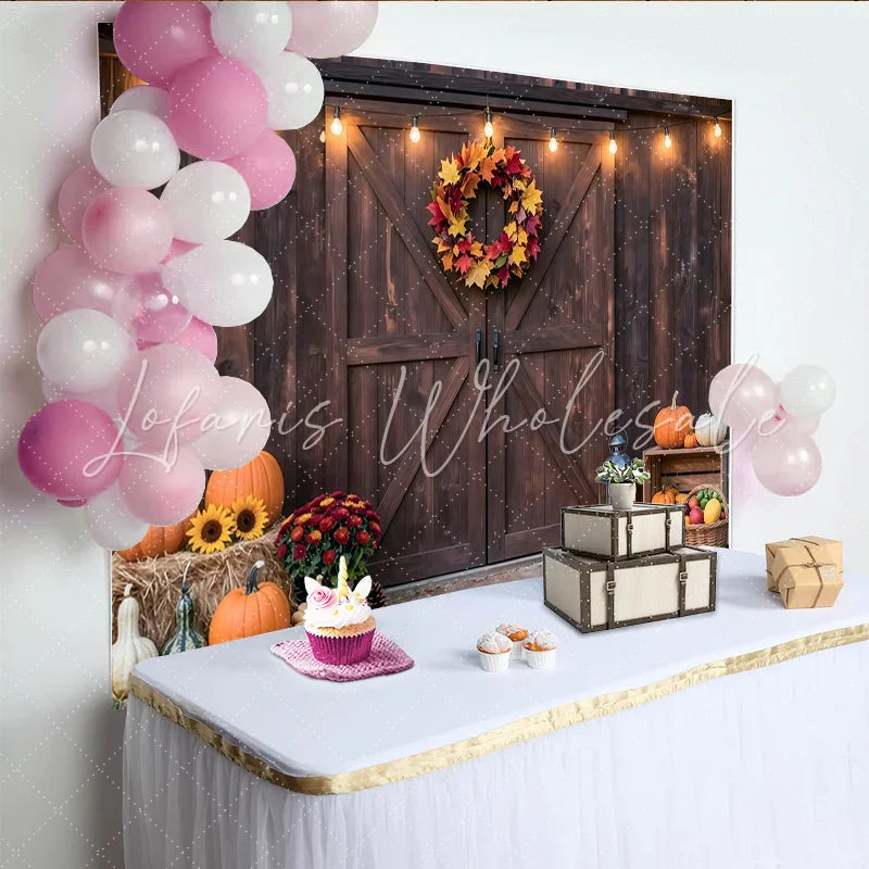 Lofaris Rustic Barn Door Autumn Thanksgiving Backdrop with Pumpkins Cozy Farmhouse Photography Background for Seasonal Decor