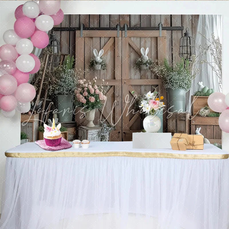 Lofaris Rustic Barn Door Easter Backdrop with Bunnies and Eggs Spring Floral Photography Background for Farmhouse Party Decor