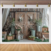 Lofaris Rustic Barn Door Easter Backdrop with Bunnies and Eggs Spring Floral Photography Background for Farmhouse Party Decor
