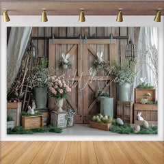 Lofaris Rustic Barn Door Easter Backdrop with Bunnies and Eggs Spring Floral Photography Background for Farmhouse Party Decor