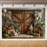 Lofaris Rustic Barn Door Easter Backdrop with Cute Bunnies and Pastel Eggs Spring Holiday Photography Background for Party Decor