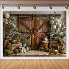 Lofaris Rustic Barn Door Easter Backdrop with Cute Bunnies and Pastel Eggs Spring Holiday Photography Background for Party Decor