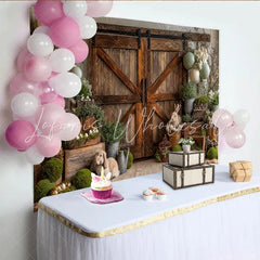 Lofaris Rustic Barn Door Easter Backdrop with Cute Bunnies and Pastel Eggs Spring Holiday Photography Background for Party Decor