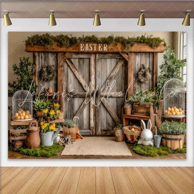 Lofaris Rustic Barn Door Easter Backdrop with Moss Yellow Flowers and Bunny Spring Holiday Photography Background for Studio