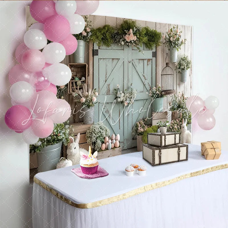 Lofaris Rustic Barn Door Easter Backdrop with Pastel Flowers and Bunnies Spring Holiday Background for Photoshoot