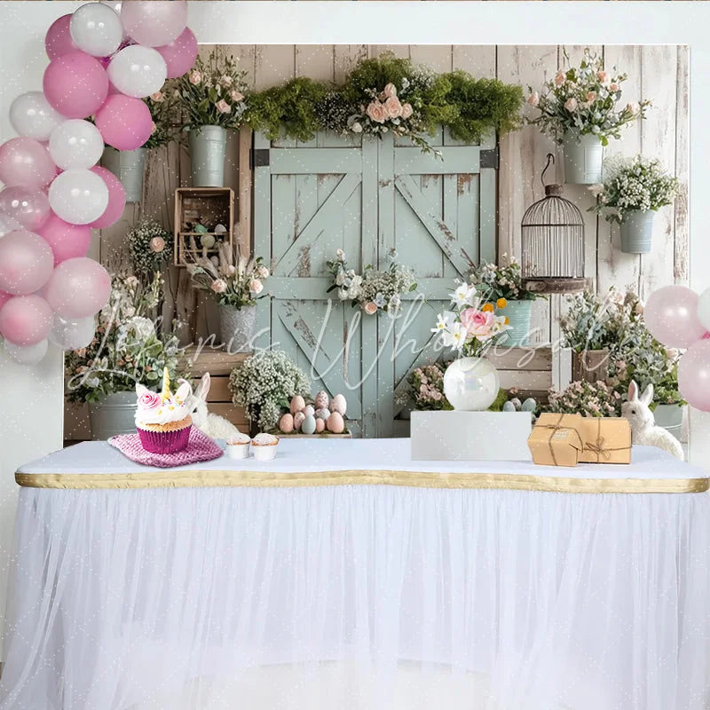 Lofaris Rustic Barn Door Easter Backdrop with Pastel Flowers and Bunnies Spring Holiday Background for Photoshoot