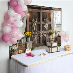 Lofaris Rustic Barn Door Easter Photography Backdrop with Bunny Wreaths and Spring Flowers Farmhouse Style Studio Background
