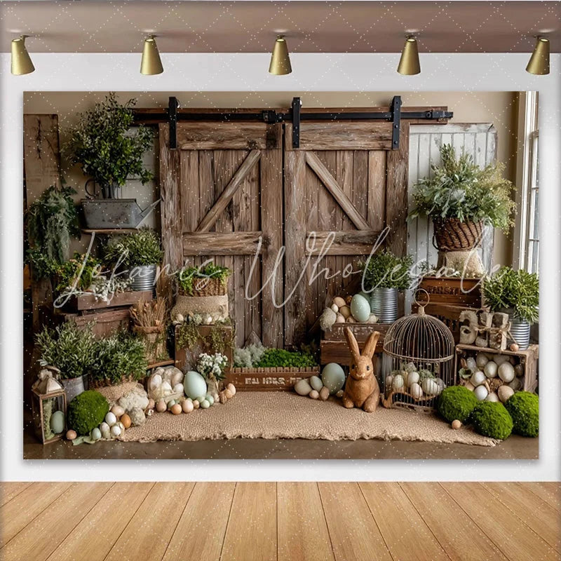 Lofaris Rustic Barn Door Easter Photography Backdrop with Greenery and Eggs Charming Spring Farm Background for Photoshoot and Party Decor