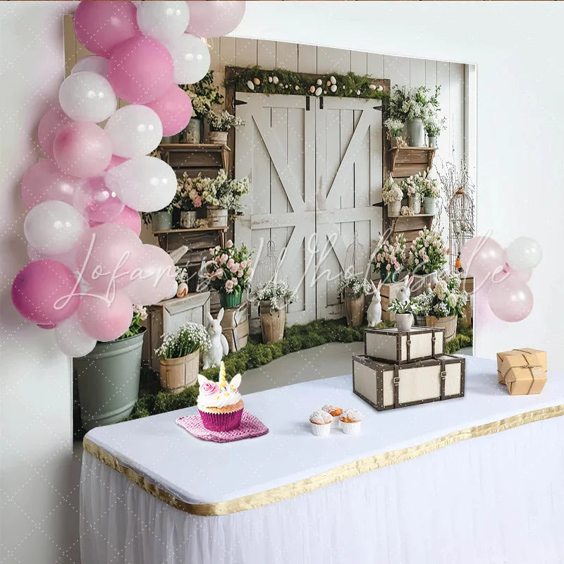 Lofaris Rustic Barn Door Easter Photography Backdrop with Spring Flowers and Bunnies Holiday Party Decor for Photoshoot
