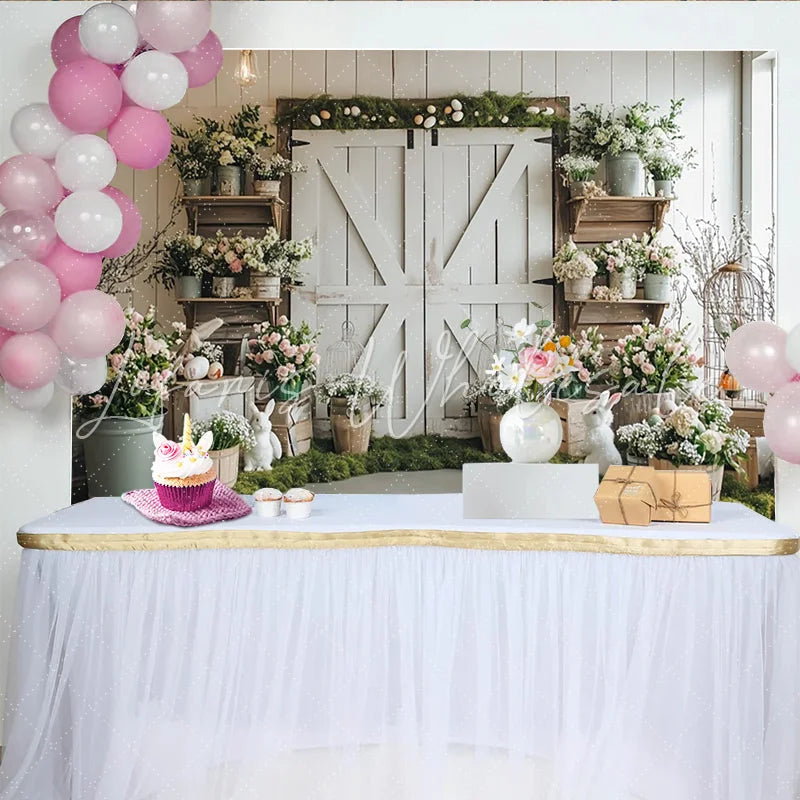 Lofaris Rustic Barn Door Easter Photography Backdrop with Spring Flowers and Bunnies Holiday Party Decor for Photoshoot