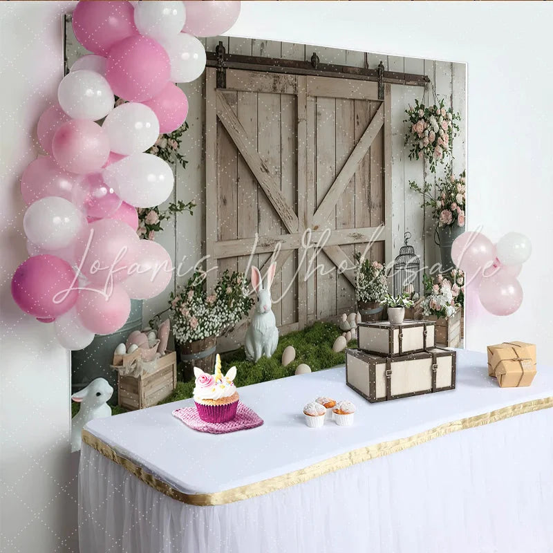 Lofaris Rustic Barn Door Easter Photography Backdrop with White Bunnies Charming Spring Floral Studio Background for Holiday Photos