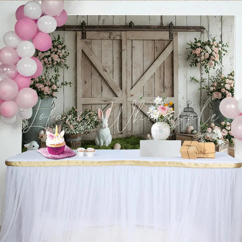 Lofaris Rustic Barn Door Easter Photography Backdrop with White Bunnies Charming Spring Floral Studio Background for Holiday Photos