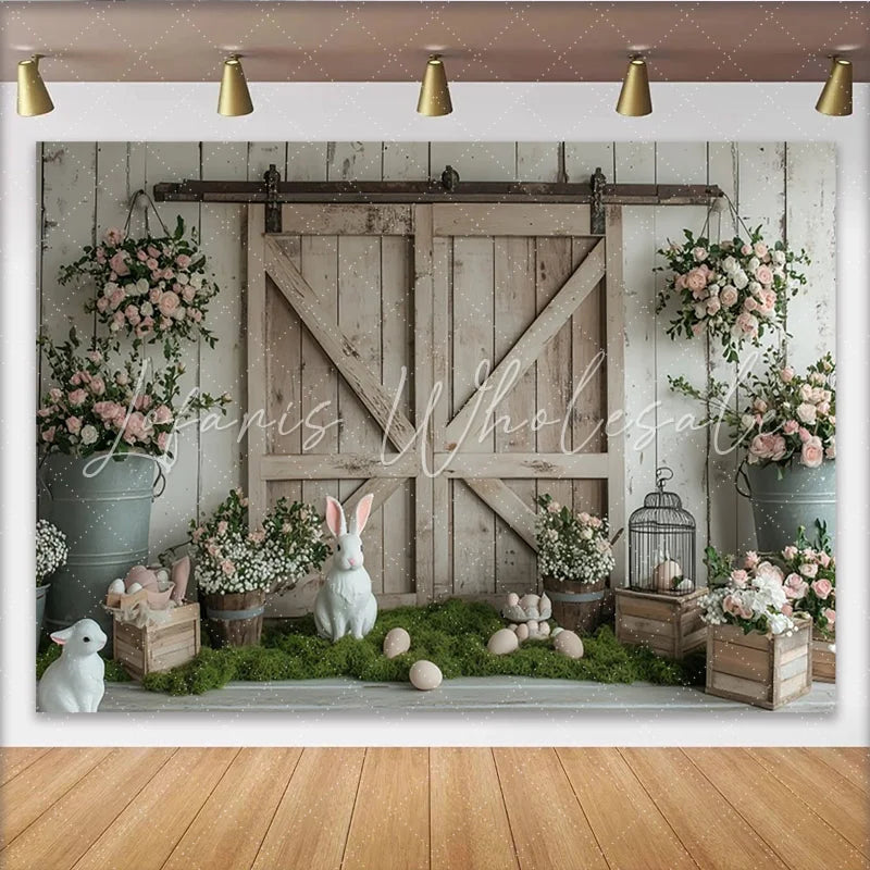 Lofaris Rustic Barn Door Easter Photography Backdrop with White Bunnies Charming Spring Floral Studio Background for Holiday Photos