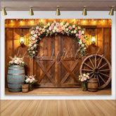Lofaris Rustic Barn Door Floral Photography Backdrop with Elegant Roses Charming Farmhouse Background for Wedding and Studio Photoshoot
