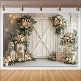Lofaris Rustic Barn Door Floral Photography Backdrop with Pink Roses and Greenery Elegant Wedding Photo Background