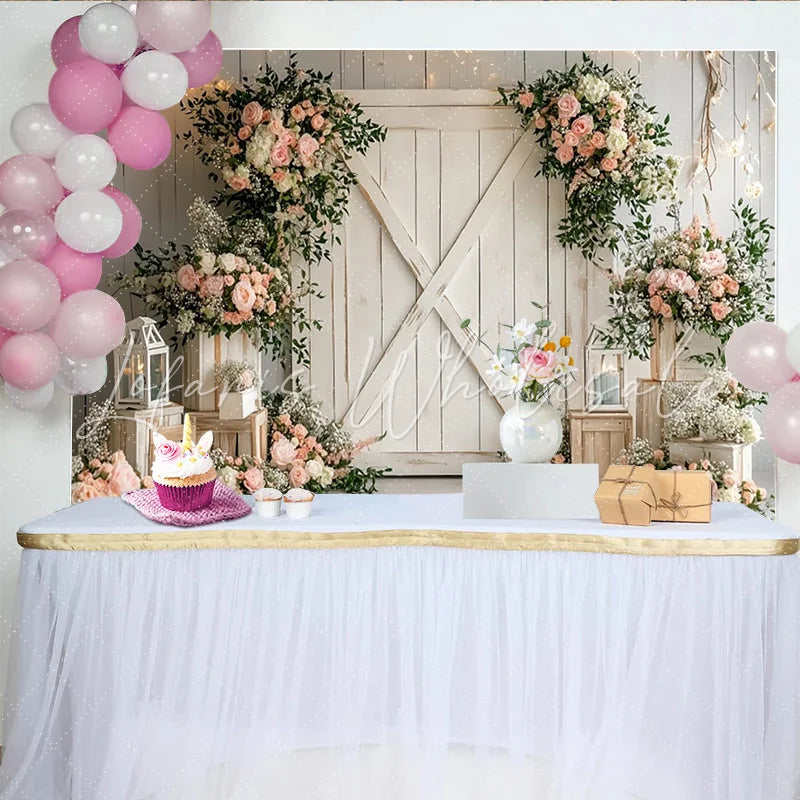 Lofaris Rustic Barn Door Floral Photography Backdrop with Pink Roses and Greenery Elegant Wedding Photo Background