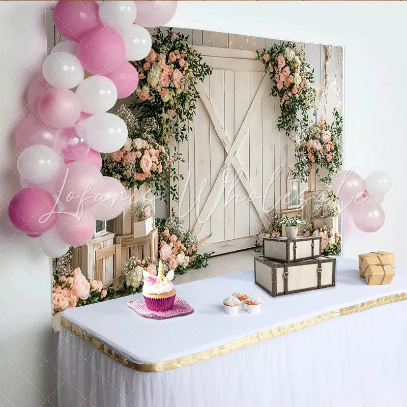 Lofaris Rustic Barn Door Floral Photography Backdrop with Pink Roses and Greenery Elegant Wedding Photo Background