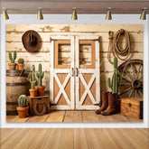 Lofaris Rustic Barn Door Photography Backdrop with Cowboy Hat and Cacti Vintage Wood Wall Background for Western Theme Party Decor